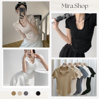 mira_shopเสื้อยืดแขนสั้นคอวีแต่งปก น่ารักสไตล์เกาหลี เสื้อยืด ผญสวย ๆ 9052#