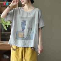 ♞✾ Printed Cotton and Linen Top Women Blouse Loose Round Neck Short-sleeved T-shirt