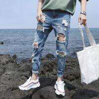 CODwuyan8340 Spring/Summer ripped jeans men s nine-point pants beggar Korean version of raw edges 9-point slim stretch feet trendy-Musim semi/musim panas merobek lelaki seluar sembilan titik pengemis versi Korea pinggir mentah 9 lengkap celana kaki trendy