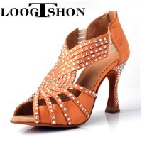 hot【DT】 Loogtshon  Rhinestone Latin Heel 9CM Pink Shoes Soft Rumba Dancing