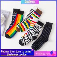 GUZHRNG 1 pairs สัตว์ ผ้าฝ้าย ระบายอากาศได้ดี ถุงเท้าผู้หญิง ฮาราจูกุ ถุงเท้าสายรุ้ง ลายเส้น