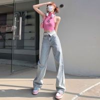 เสื้อ Spice Girls Flip Waist Letter Design Straight Jeans Female Spring High Waist Wide Leg Pants