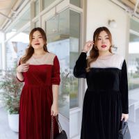 DR187 เดรสกำมะหยี่ลูกปัด เสื้อผ้าพลัสไซส์ Plussize fashion ชุดคนอ้วน แฟชั่นสาวอวบ