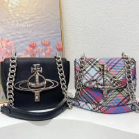 2023 VivienneˉWestwoodˉSummer New Small Square Bag Cowhide One Shoulder Handheld Womens Bag Chain Saddle Bag Checkered Underarm Bag