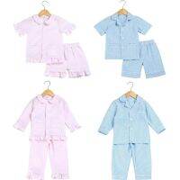 Cotton Stripe Seersucker Summer Pajamas Sets Boutique Home Sleepwear For Kids Boy And Girl12m-12years Button Up Pjs