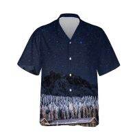 ♦เสื้อลำลองหลวมใหญ่กว่าปกติผู้ชายลายดาวบนท้องฟ้าเสือภูเขา3D สีสันสดใสใหม่22-23เสื้อฮาวาย3d ลายทิวทัศน์กลางคืน