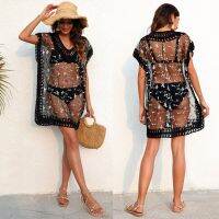 [COD] embroidered mesh see-through dress hand hook stitching V-neck cross-border womens beach blouse Z905