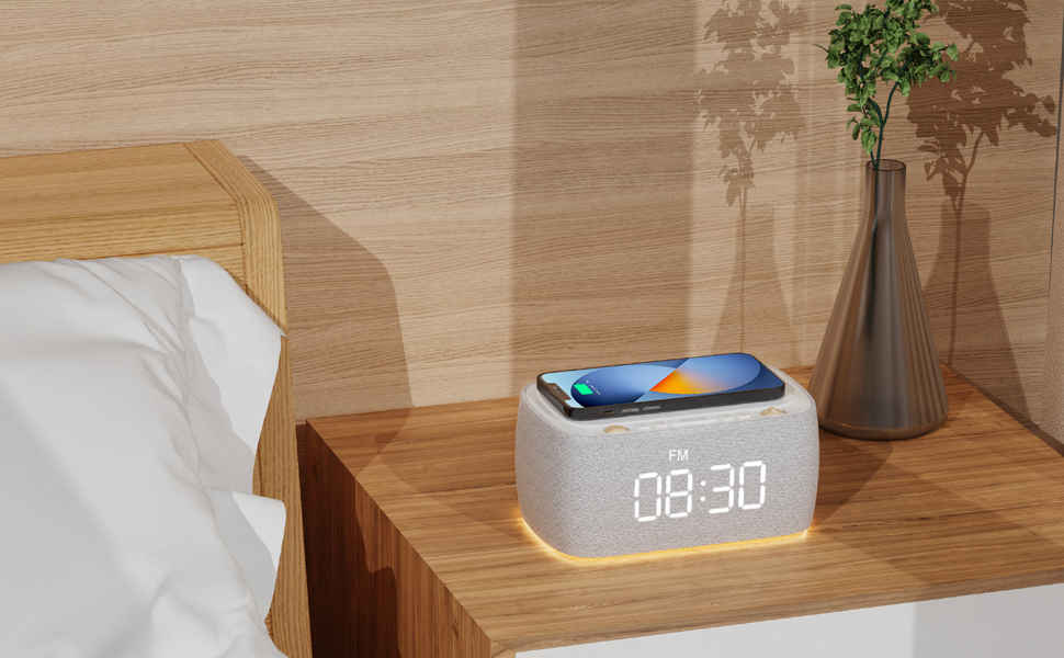 EZVALO Alarm Clock with Wireless Charger,Multifunctional Digital Clock Radio with Speaker,Dimmable LED Display with 9V&2A Fast Charging Port,Night Light for Bedroom 
