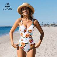 HOT★CUPSHE ดอกไม้สีขาว V-Neck One-Piece ชุดว่ายน้ำชุดว่ายน้ำเซ็กซี่ Shirred บางสายรัด Monokini ชุดว่ายน้ำ2023ชุดว่ายน้ำ Beachwear