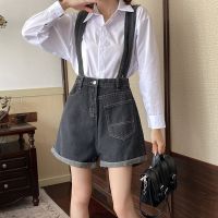 [COD] New suit rolled edge denim overalls womens summer open line design sense wide legs loose suspenders hot