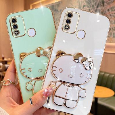Folding Makeup Mirror Phone Case For Infinix Itel A48 Itel P37 Vision 2S  Case Fashion Cartoon Cute Cat Multifunctional Bracket Plating TPU Soft Cover Casing