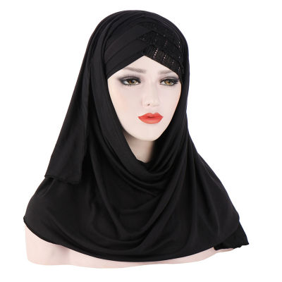 ผ้าคลุมศีรษะสำหรับสตรีมุสลิมฮิญาบปักเลื่อมหมวกสีทึบผ้าพันคอปิดหน้าผาก