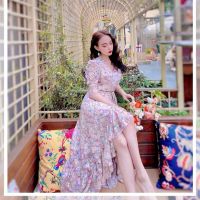 GANNIE​SHOP​ Dress ​เดรสยาว ทรงปล่อย คอวี มีสายผูกเอว ชายกระโปรง ผ้าชีฟองปริ้นลายดอกไม้เล็ก หวานน่ารัก เดรส