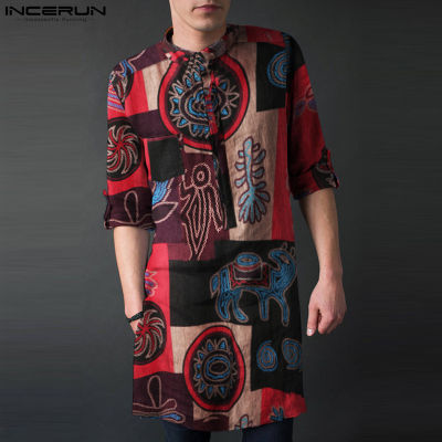 INCERUN เสื้อชุดประจำชาติยาวคอตตอนผู้ชายแขนสั้นคอจีนพิมพ์ลายโทเท็มย้อนยุค (เสื้อผ้ามุสลิม)