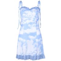 Fashion Women Sling Cloud Print Lace Off Shoulder Sleeveless Casual Midi Dress