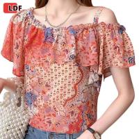 COD dhdfxcz IVSD Floral Off Shoulder Tops Ruffles Falbala Chiffon Blouses for Women