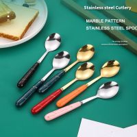 Stainless Steel Tableware Spoon Imitation Ceramic Handle Dining Spoon Marble Pattern Dessert Spoon Kitchen Tableware Accessories Serving Utensils