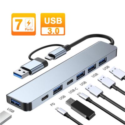 USB C HUB ตัวแยก USB ที่พ้วง USB 7พอร์ต USB ฮับ3.0ประเภท C ถึง USB อะแดปเตอร์ OTG USB แท่นวางมือถือพร้อมการ์ดความจำ PD สำหรับ Macbook เสี่ยวหมี่ Pro