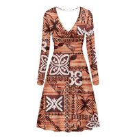 Fijian Clothes Islanders Polynesian Tribal Clothing Print on Demand Custom Spring Women Knee Length V Neck Midi Dress Wholesale