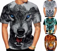 Mens Summer Fashion T-shirt 3D Wolf and Tiger Print Casual Round Neck Short Sleeve T-shirt