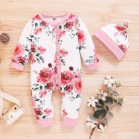 COD DSFERTEREERRE [HPB] Newborn Baby Girls Jumpsuit Beautiful Pink Floral Long Sleeve Romper Hat Lovely Infant Outfit