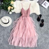 【HOT】▼✲♈ Sleeveless Sling Gauze Tulle knit V-neck Backless Dresses Mesh Pink Vestidos