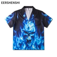 EERSHENSHI เสื้อปกแขนสั้นสำหรับผู้ชายพิมพ์ลายเปลวไฟสีน้ำเงินกะโหลกน้ำขึ้นน้ำลงแบบคู่หลวม