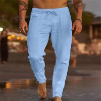 Linen Long Trousers Elastic Waist Slacks Solid Color Bottomwear Loose Mens Pants Breathable  Lace Up Outfits Pantalones Hombre