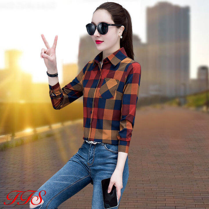 TFS 2021 Korean Printed Plaid Shirt for women Spring/Summer Long