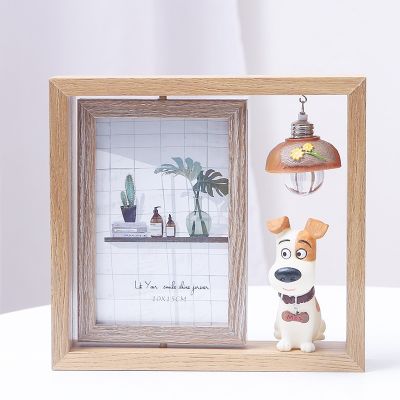 【CW】 Photo frame creative photo set-up double-sided rotating wooden with light cartoon pig