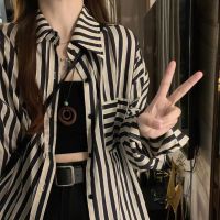 【Ready】? Summer thin black striped shirt womens Hong Kong style retro mid-length shirt cardigan loose all-match sun protection clothing trendy