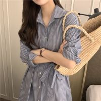 ㍿ 45697 New Style Lapel Single Breasted Striped Loose Long Sleeve Dress