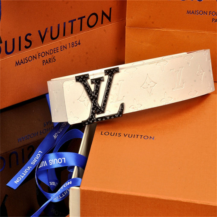 lv-เข็มขัดหนังสีขาวคลาสสิกสำหรับผู้ชาย-เข็มขัดหนังหัวเข็มขัดเรียบแฟชั่นลำลองอเนกประสงค์สำหรับชายหนุ่มเกาหลี