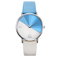 Shengke Blue Leather Strap Fashion Women Dual Color Quartz Wrist Watch Round Dial Analog Simple Stylish Watch Dating Love Watch