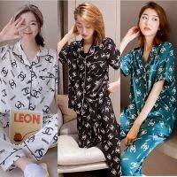 COD SDFGERGERTER 3Colors Fashion pajama terno Women Long Pants short Sleeve Lapel Sleepwear Silk Satin Pajamas Womens Casual Loose Set Ladies Homewear Sleep Wear Cloth