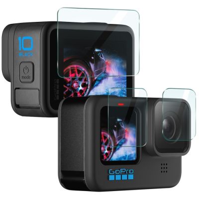 PLZ ฟิล์มกระจกนิรภัยสำหรับ GoPro HERO10,ฟิล์มติดเลนส์กล้องแบบ3 In 1สีดำ