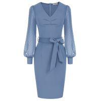 【YF】 GRACE KARIN Women Wiss Dot Mesh Long Sleeve Bodycon Dress OL V-Neck Tie Waist Pencil Midi Elegant Cocktail Party Dresses