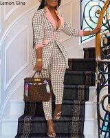 Lemon Gina Houndstooth ชุดแขนยาวเสื้อเอวสูงผู้หญิง,ชุดสูทกางเกงสูททำงานชุดออกกำลังกายสองชิ้น