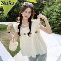 Zhu Xia เสื้อขนาดเล็กงานเย็บปักแขนสั้นขนาดเล็กใหม่สำหรับผู้หญิง,เสื้อเบลาส์เสื้อเชิ้ตลายตุ๊กตาสั้นสำหรับผู้หญิง