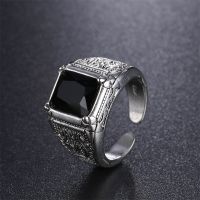 High Quality Black Crystal Retro Flower Thai Silver Men`s Wedding Rings Jewelry For Man Gifts No Fade Cheap