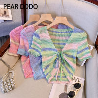 PEAR DODO กลวงแบบผูกเชือกคอวีสไตล์เกาหลีสำหรับผู้หญิงเสื้อเอวลอยถักแขนสั้นสำหรับผู้หญิง