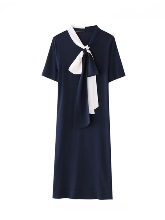 midi-dress-for-women-summer-vintage-high-quality-elegant-simple-slim-stretch-contrast-color-thin-bow-short-sleeved-dress-robe