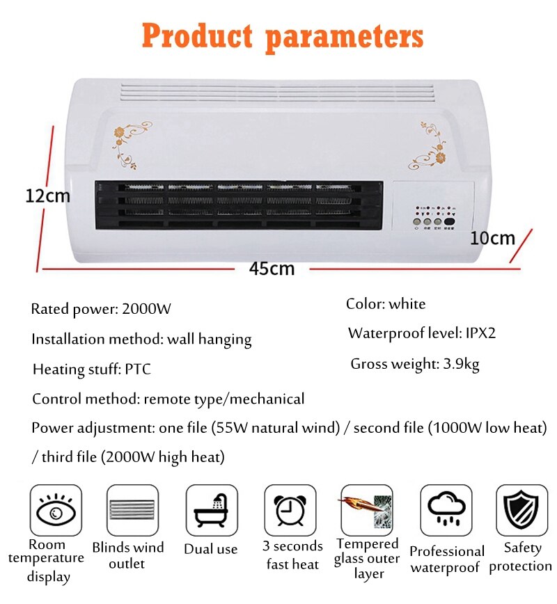 2000W 220V Warm Cool Air Blower Electric Heater Fan Ceramic Thermal Heating Heater Conditioner Bathroom Wall Hanging,A 