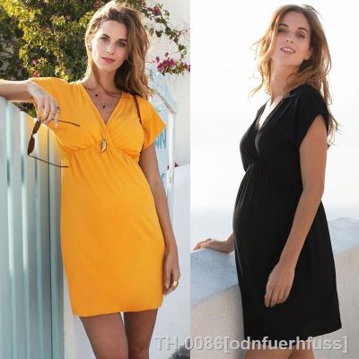 ✾△ Vestidos com decote em v para maternidade mulheres grávidas roupas casuais soltas plus size monocromáticas verão roupas 5823