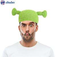 ZHUBO เด็ก ตลก การ์ตูน ฤดูหนาว ทอมือ คริสต์มาส Shrek Hats มีหู คอสเพลย์ Prop หมวกบีนนี่สีเขียว