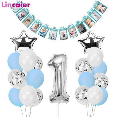 1st Happy Birthday Blue Silver Balloons Foil Number Balloons Banner First Baby Boy Party Decorations My 1 One Year Supplies Artificial Flowers  Plants