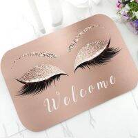 Trendy Rose Gold Glitter EyeLash Lashes Welcome Door Mat Sparkly Makeup Rubber Doormat Rug Carpet Chic Home Beauty Studio Decor