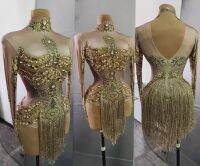 【HOT】♙₪☒ Sparkly Gold Rhinestones Fringe Leotard WomenBirthday Nightclub Outfit DanceBodysuit Performance Show Wear