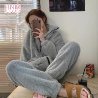 2021Winter Casual Loose Home Clothes Nightgowns 2-piece Set Long Sleeve Zipper Warm Tops Simple Solid Pants Womens Pajamas Set