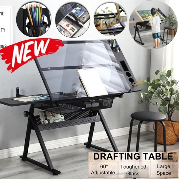 Drafting Glass Table With Extra Side Table Drawers And Leather Padded ...